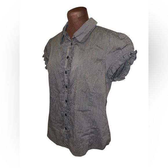 NICOLE BY NICOLE MILLER Black White Stripe Ruffle Front Button Down Shirt 14 - Picture 4 of 5